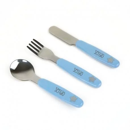 Set de cubiertos de acero para bebé personalizados. Azul.