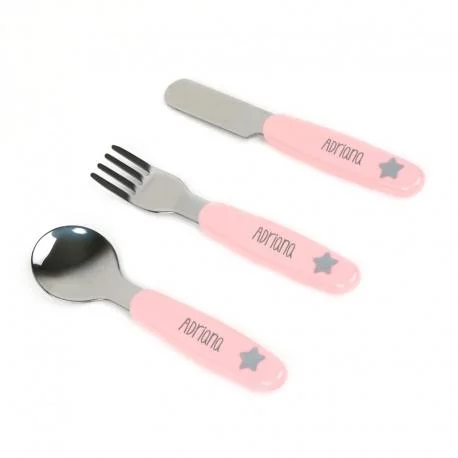 Set de cubiertos de acero para bebé personalizados. Rosa.